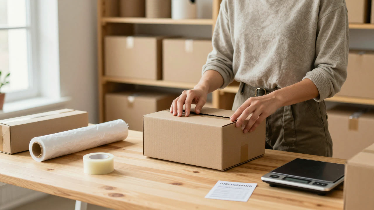 Mesa de embalaje de una tienda online: cajas de cartón kraft, cinta y relleno sobre el banco de preparación de pedidos, con una báscula al lado.